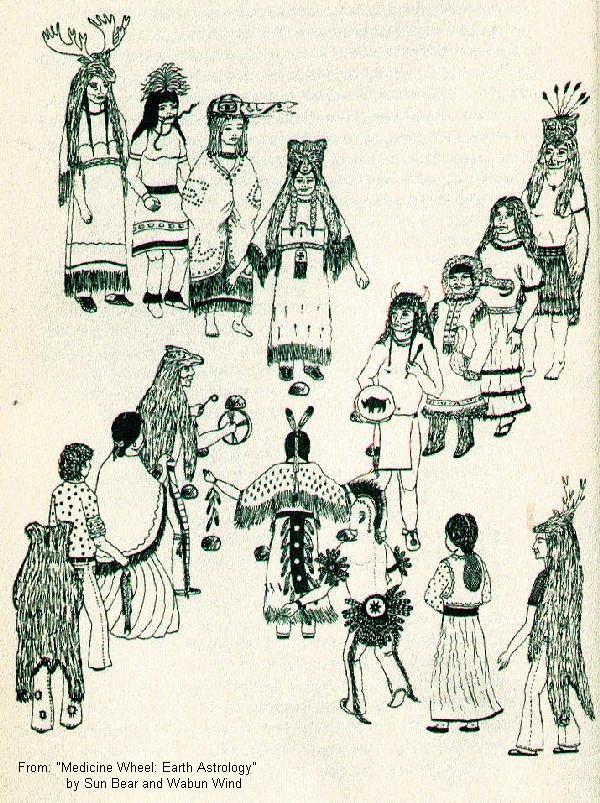 Ink drawing of the People of Sun Bear's Vision from 
Medicine Wheel: Earth Astrology by Sun Bear and 
Wabun Wind - scanned frontpiece pages